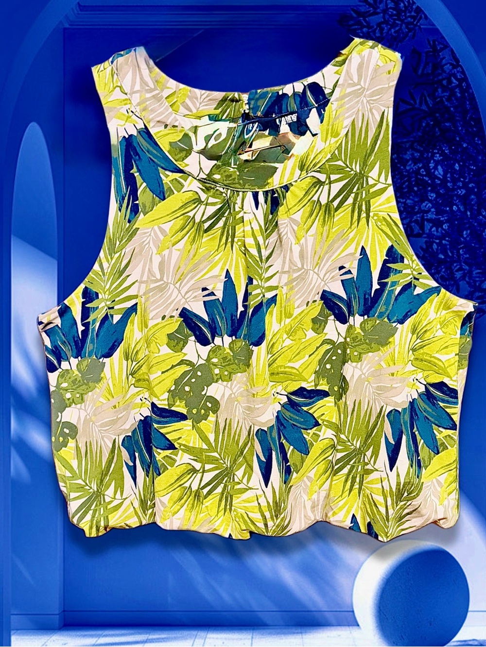 Land’s End Bubble Bottom Tropical Print Sleeveless Tank Top - Lime & Blue sz LP